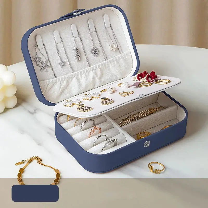 VoyageLux Leather Portable Jewelry Storage Box Travel Organizer For Earrings Necklaces Rings Case