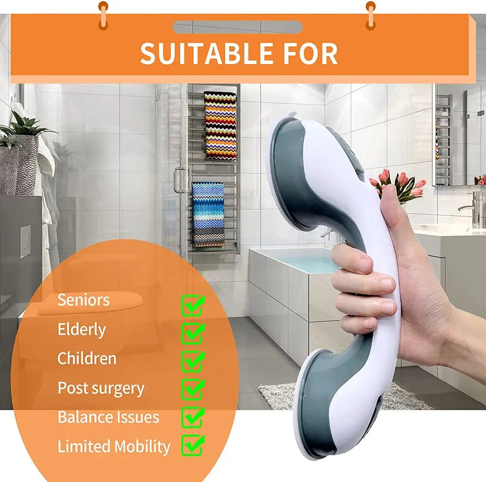 Shower handle grab bar with dual locking suction cups in white and gray for anti-slip bathroom safety.