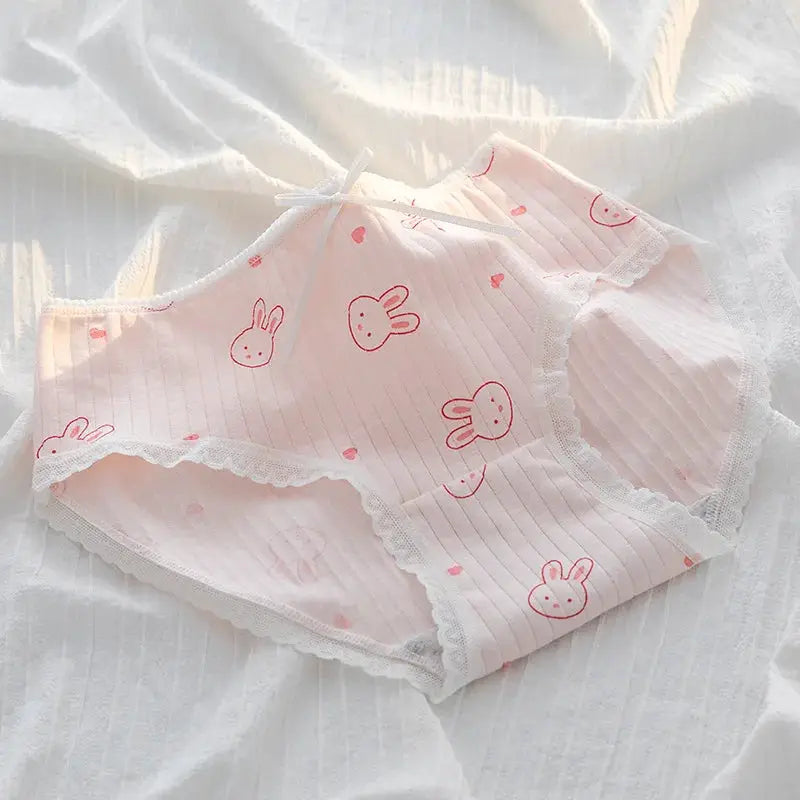 Cotton underwear briefs set, 5Pcs pink with bunny prints and white lace trim by Simples Market