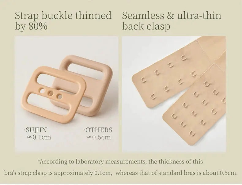 SUJIIN bra hardware in beige: two strap buckles and seamless back clasp panels with multiple hooks