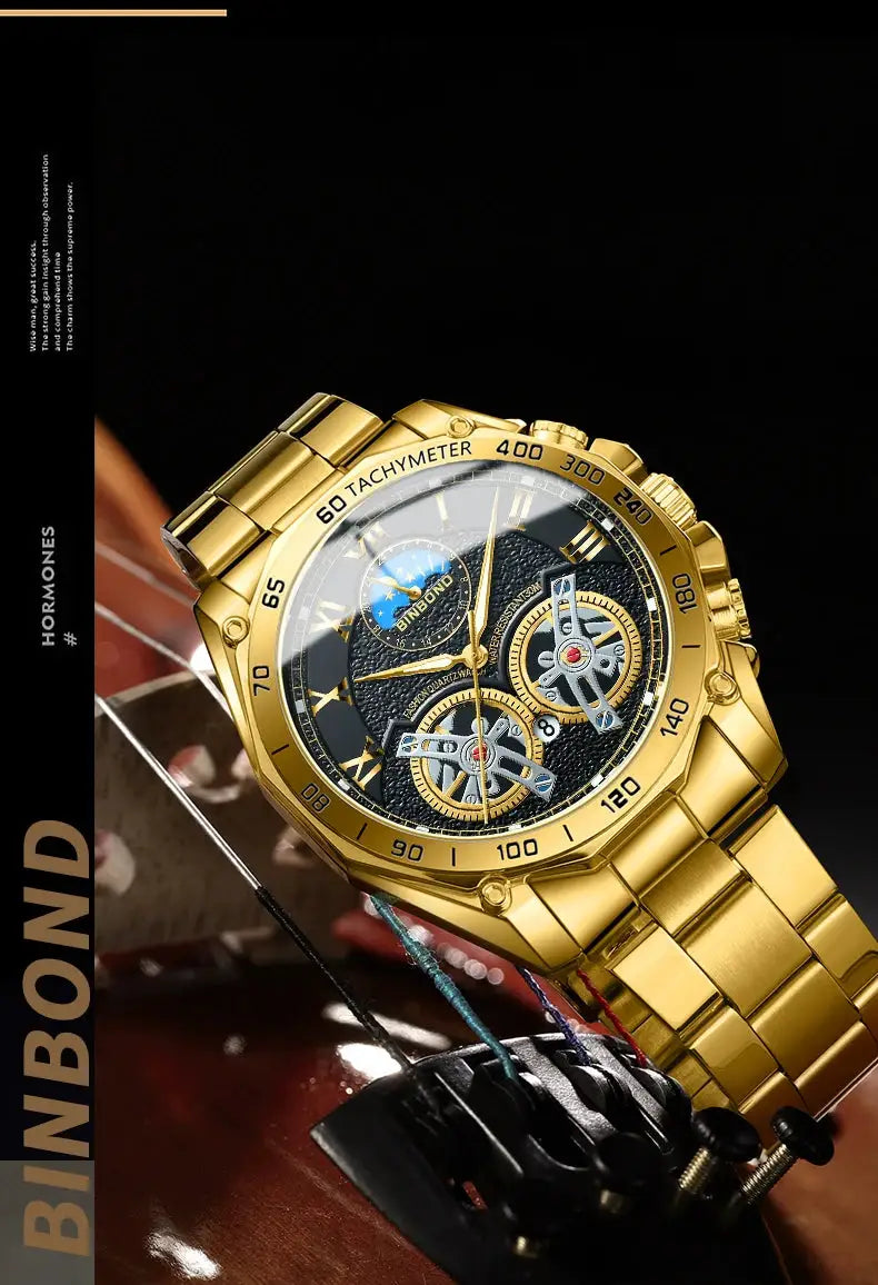BINBOND gold-tone men's quartz watch with skeleton dial and tachymeter bezel