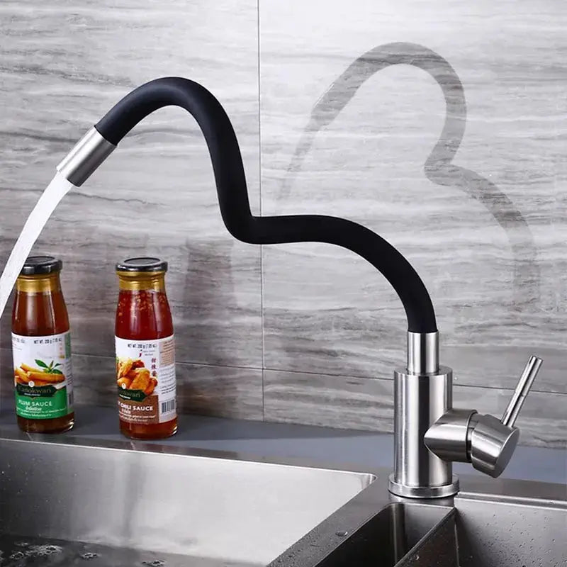 Universal swivel black gooseneck kitchen faucet, deck-mounted with stainless steel fittings