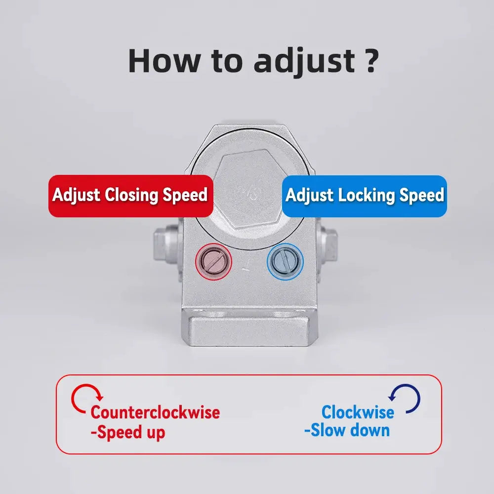KAK hydraulic door closer, automatic, 25–80 kg, silver body with red and blue adjustment knobs.