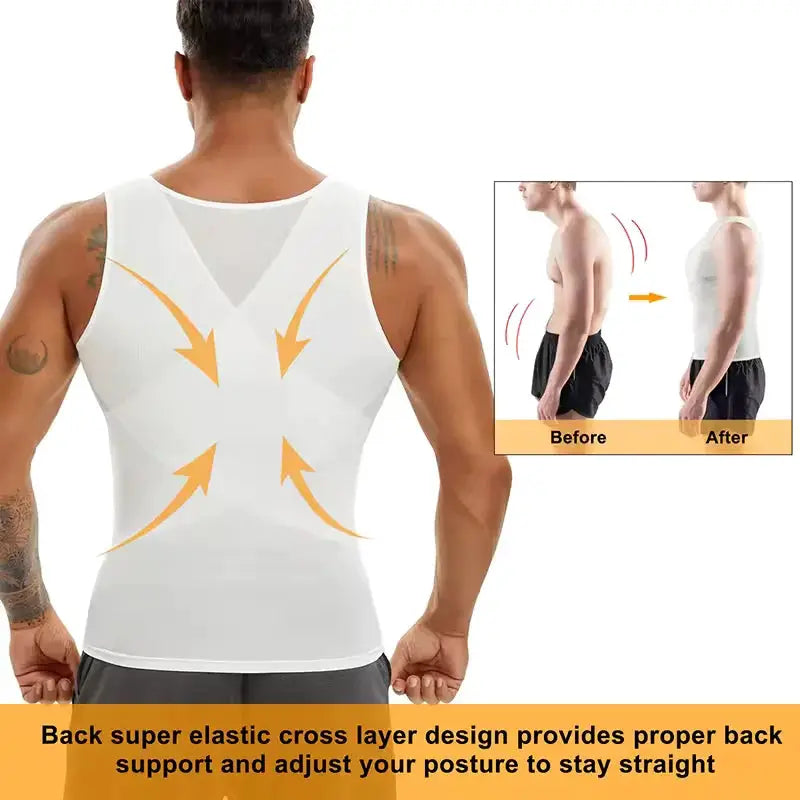 Men's white sleeveless shapewear tank top with cross-back compression for posture support
