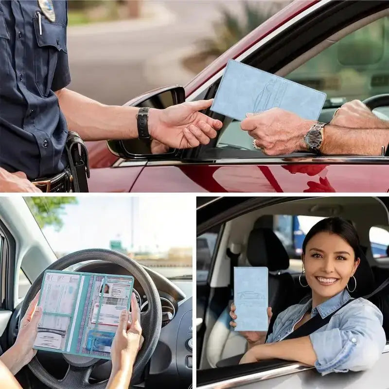 Men's blue car registration card holder wallet for licenses and insurance cards.