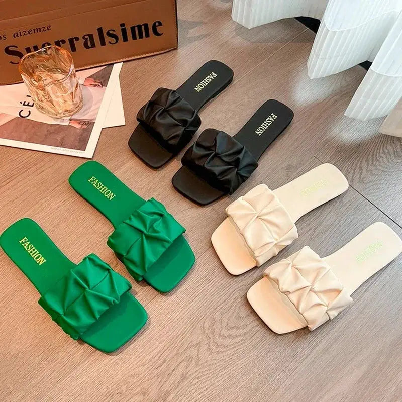 SeoulSole Pleated Korean Slippers For Women Green Summer Slip On Flats With Breathable Comfort