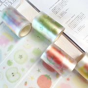 Decorative adhesive tape rolls in pastel watercolor designs; three translucent tapes for journaling and scrapbooking
