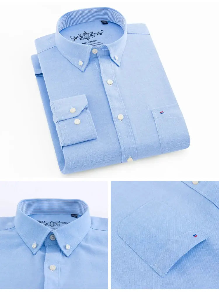Men's light blue long-sleeve Oxford work shirt by Simples Market; button-down with single patch pocket
