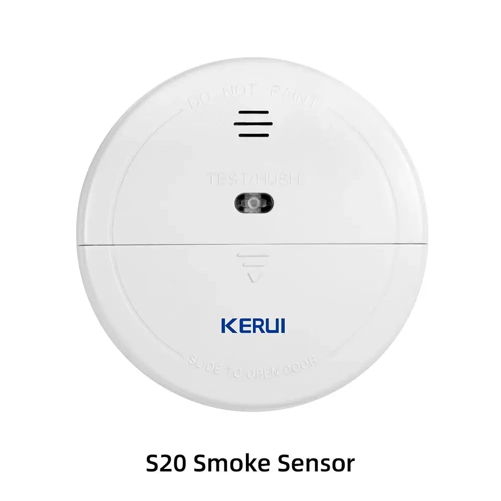 KERUI S20 Smoke Sensor, white circular smoke detector with blue logo