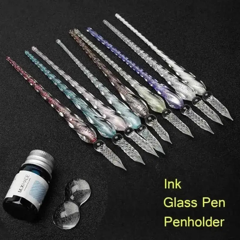Crystal glass dip pens set with colorful faceted handles and ink bottle (12 pens)