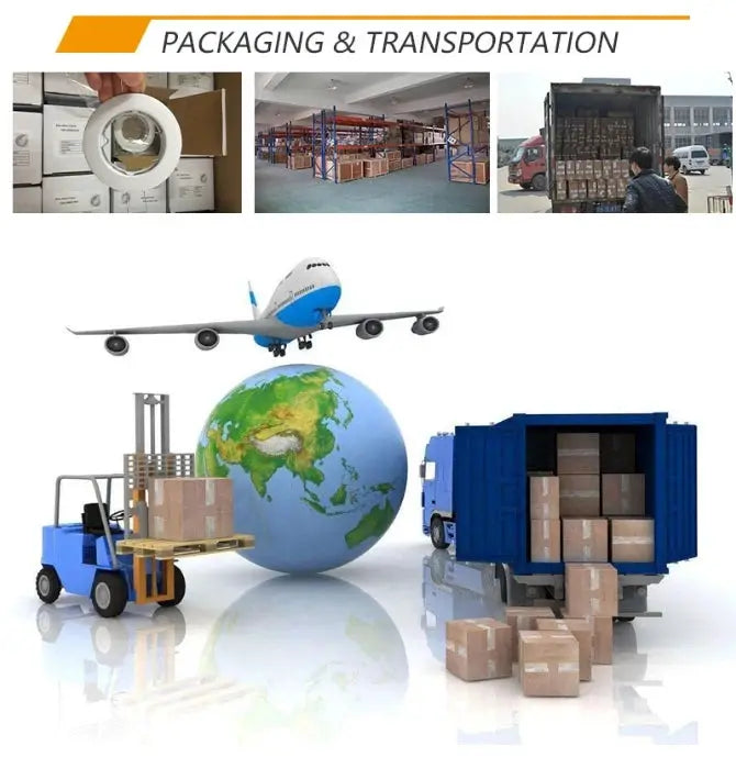 Natural bamboo chandelier by Simples Market with packaging and transportation collage; boxes, warehouse, trucks