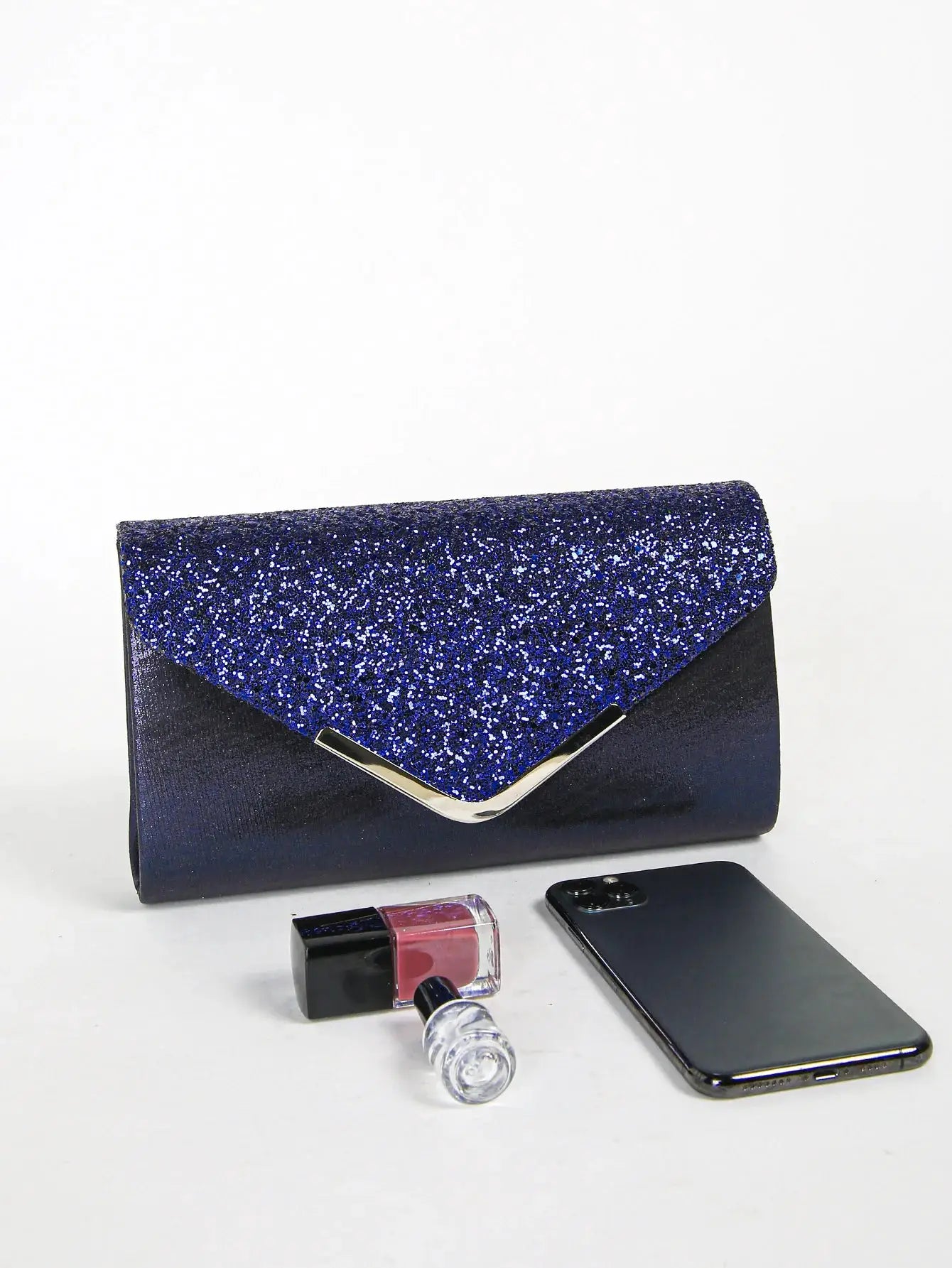 Sequin envelope clutch bag navy blue with silver V-clasp by Simples Market