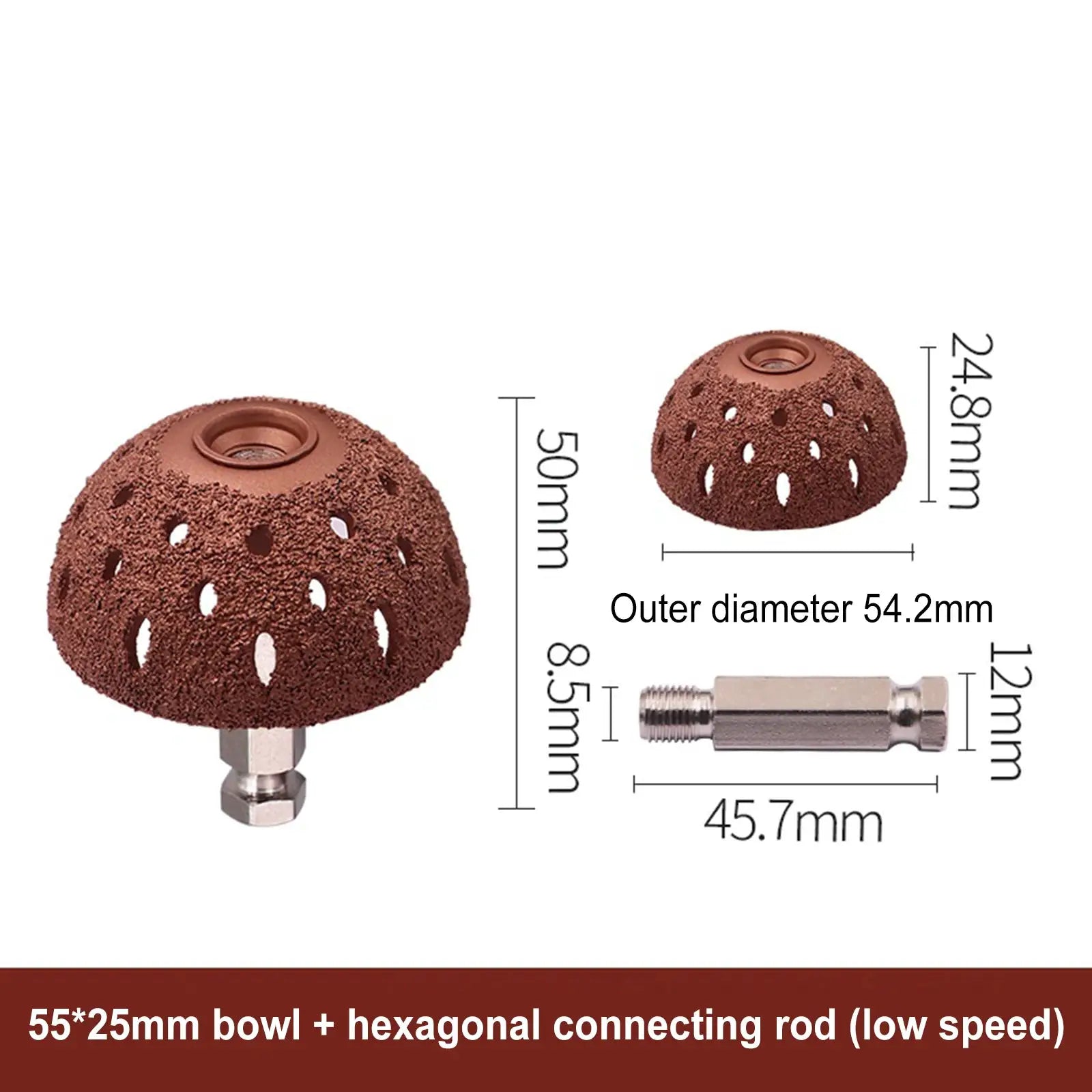 Simples Market tire grinding head set, 2 brown tungsten-steel hemispherical heads with hex connectors.