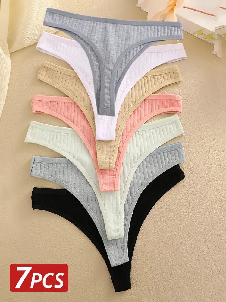 7-piece women's ribbed cotton low-waist G-string underwear set in assorted colors
