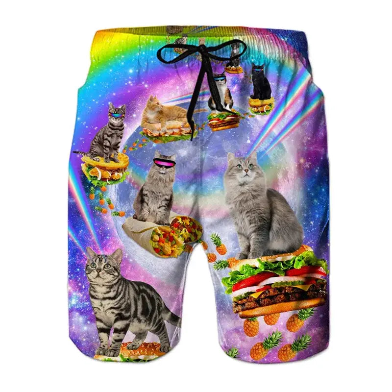 Simples Market men's board shorts with multicolor 3D cats and food print on a galaxy background