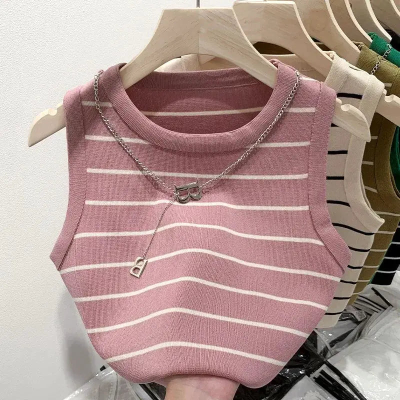 AOSSVIAO 2026 Summer Knit Vest For Women Striped Slim Fit Sleeveless Waistcoat With Turtleneck Collar