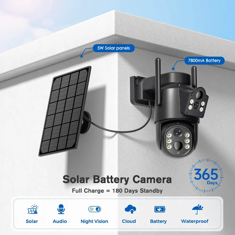 8MP/4K HD Solar WiFi Outdoor Security Camera with built-in battery and dual lens, Simples Market, solar panel included