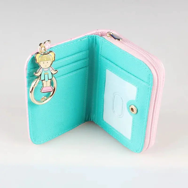 Pink stitched zipper wallet by Simples Market; turquoise interior, multiple card slots, ID window, cute keychain charm