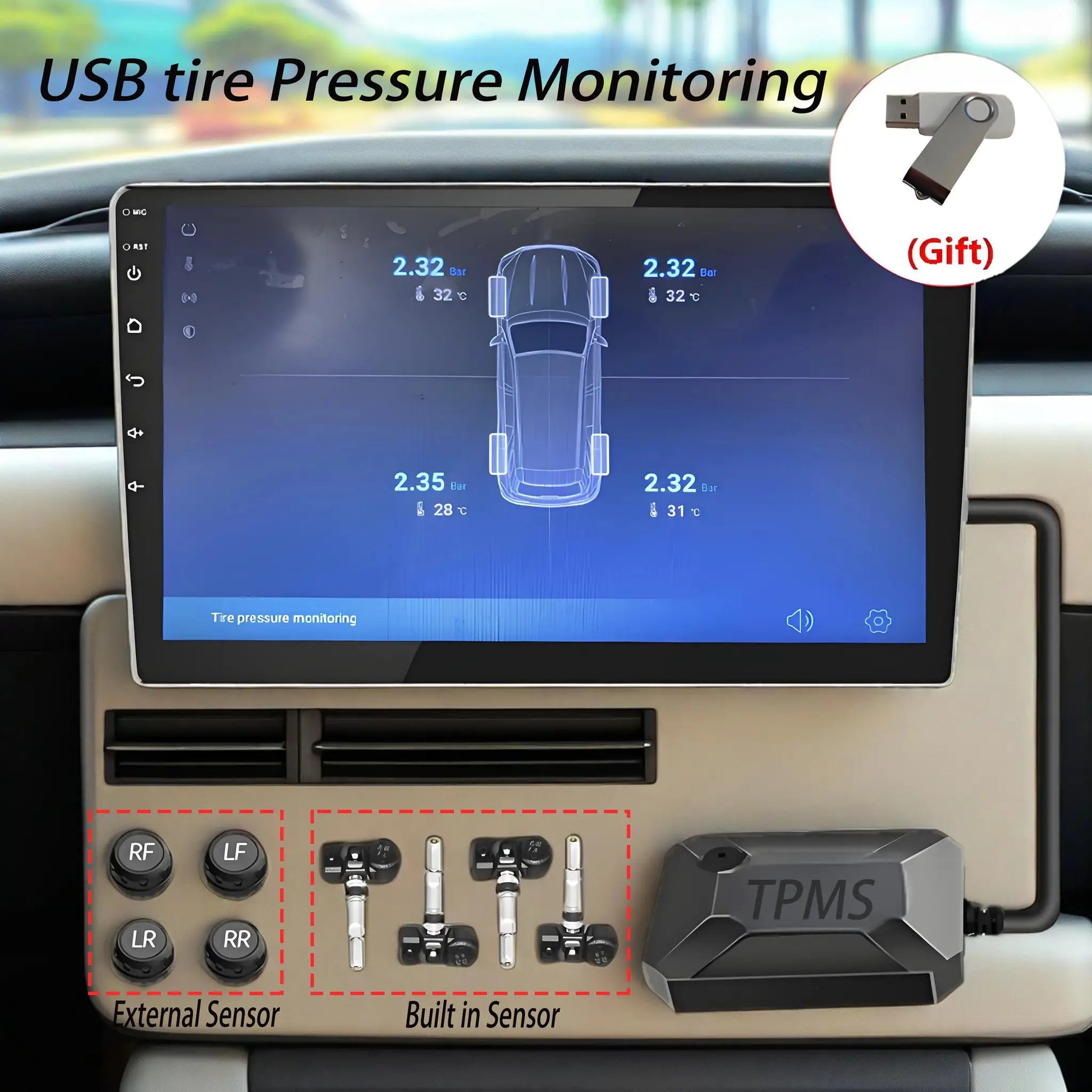 TPMS tire pressure monitoring system by Simples Market with USB, built-in and external sensors