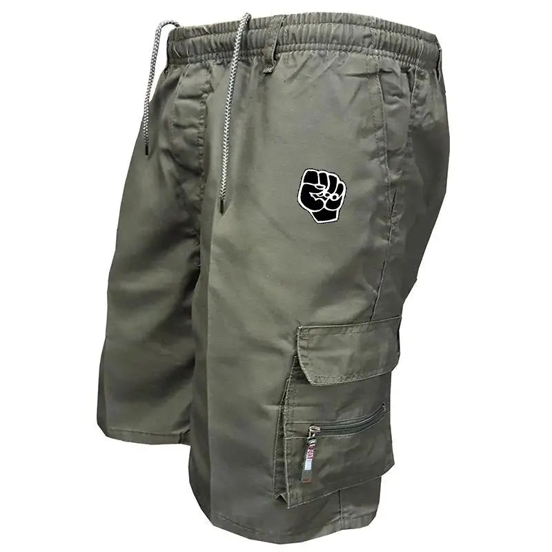 Men's olive cotton cargo shorts with multiple pockets, drawstring waist, Simples Market logo.