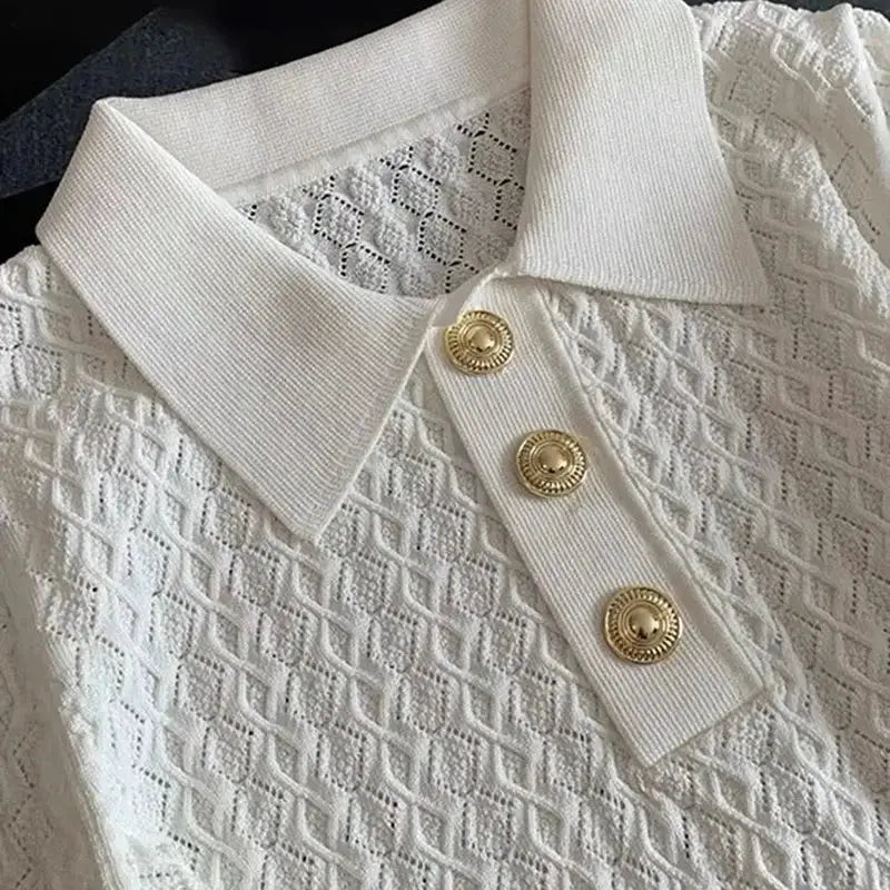Ice Silk Polo Shirt Women Knitted Short Sleeve Jacquard Top Breathable