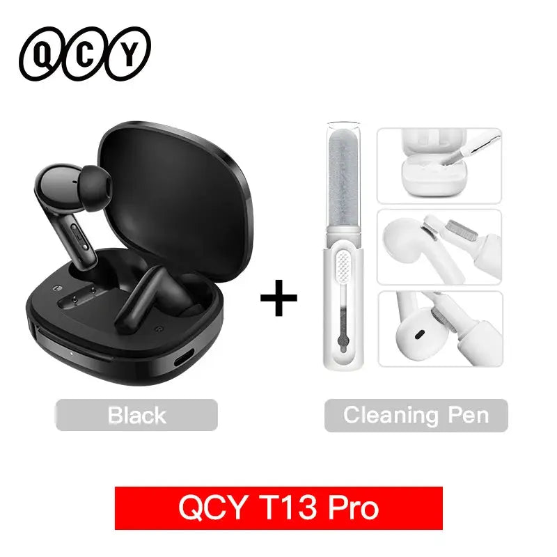 QCY T13 Pro wireless earbuds in black charging case with cleaning pen