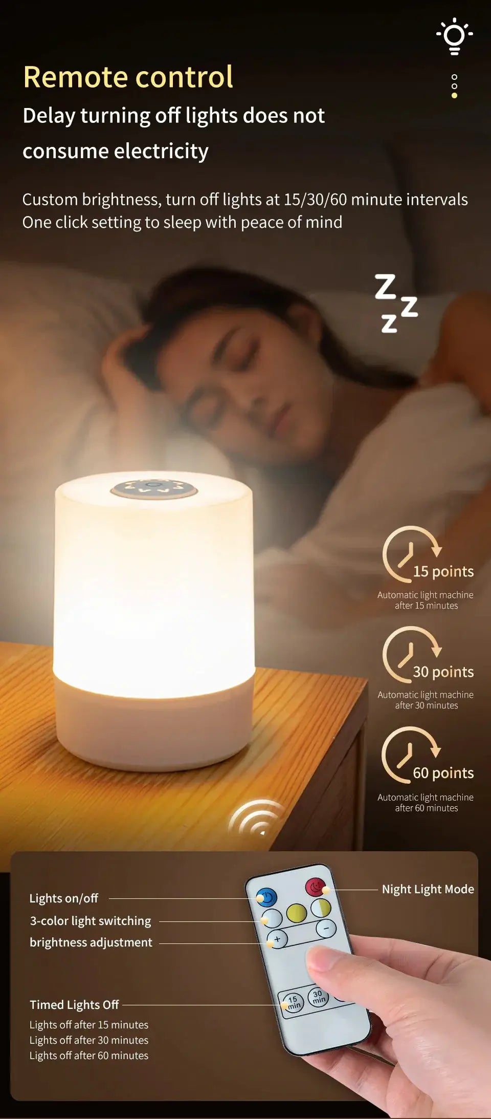 Bedside LED touch night light by Simples Market; dimmable rechargeable lamp on a wooden nightstand with remote.