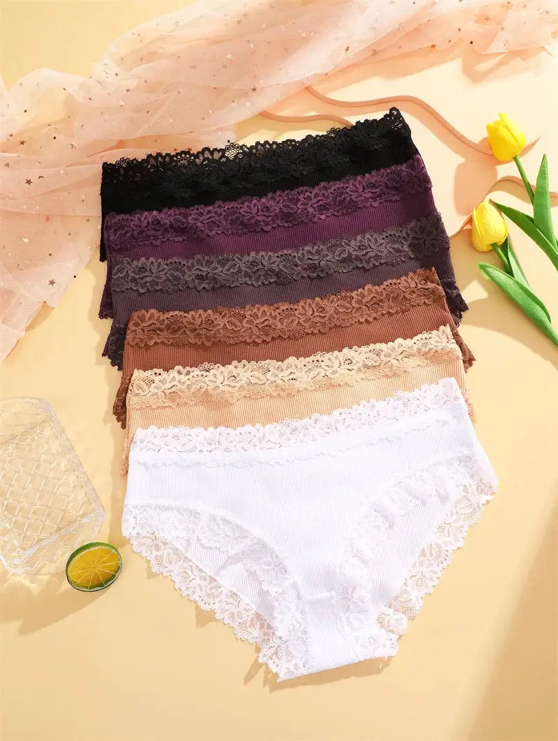 6-piece women's lace cotton panties set with floral lace trim in black, purple, charcoal, tan, beige, and white