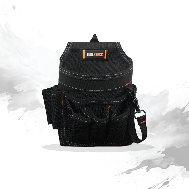 TOOLSTACK electrician pouch, black wear-resistant tool bag with orange stitching and logo, portable organizer.