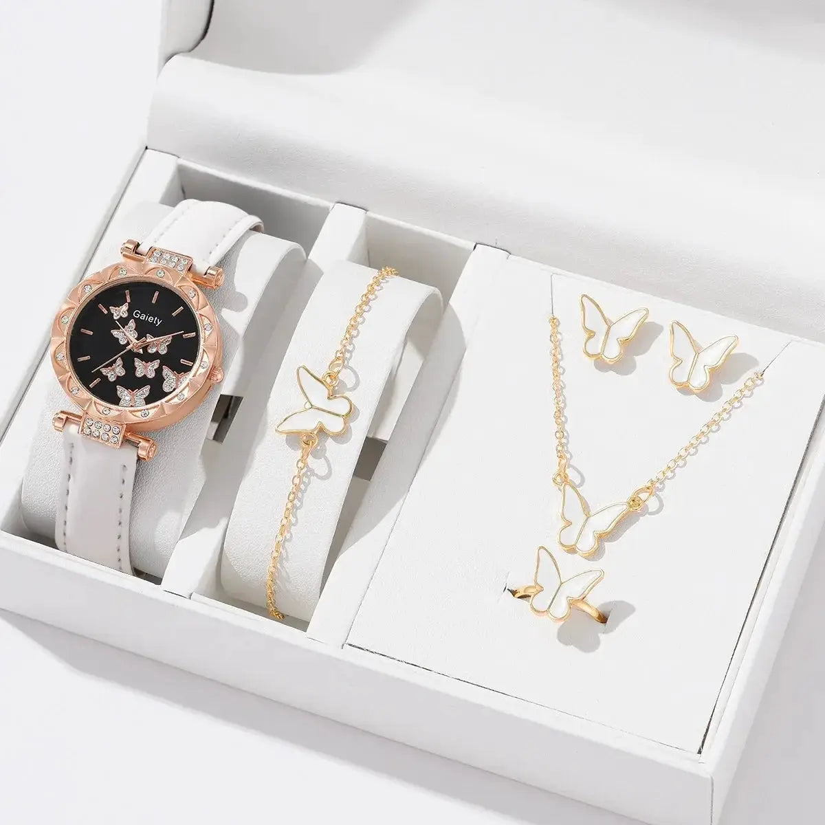 Butterfly Lane Watch Set Leather Strap Quartz Wristwatch With Matching Ring Necklace Earrings Bracelet