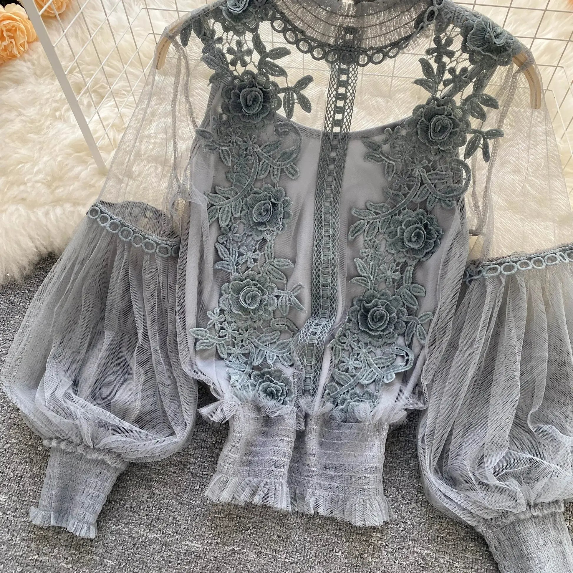 Lace puff long-sleeve blouse in gray-blue sheer mesh with floral applique, Simples Market