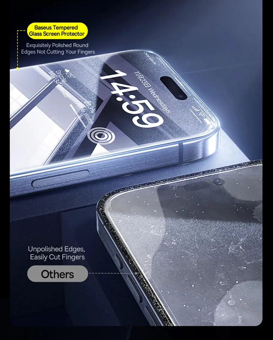 Baseus tempered glass screen protector for iPhone Pro Max models with clear edge anti-peeping film, two units