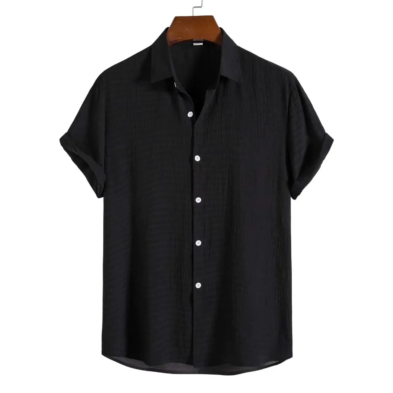 100% cotton-linen men's shirt by Simples Market, black short-sleeve breathable button-down on hanger