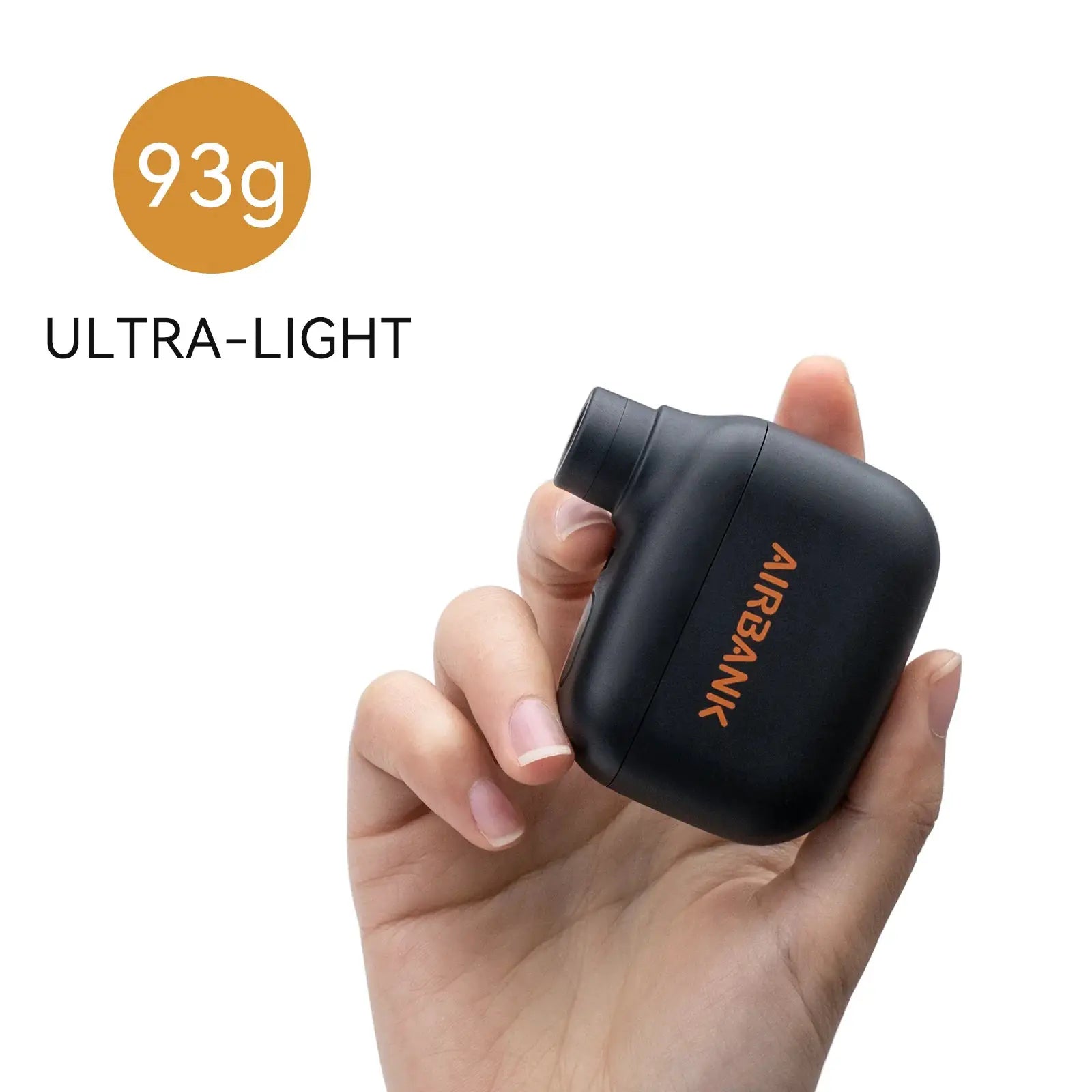 AirBank Pocket SE mini portable electric bike pump, black handheld with orange AIRBANK logo.