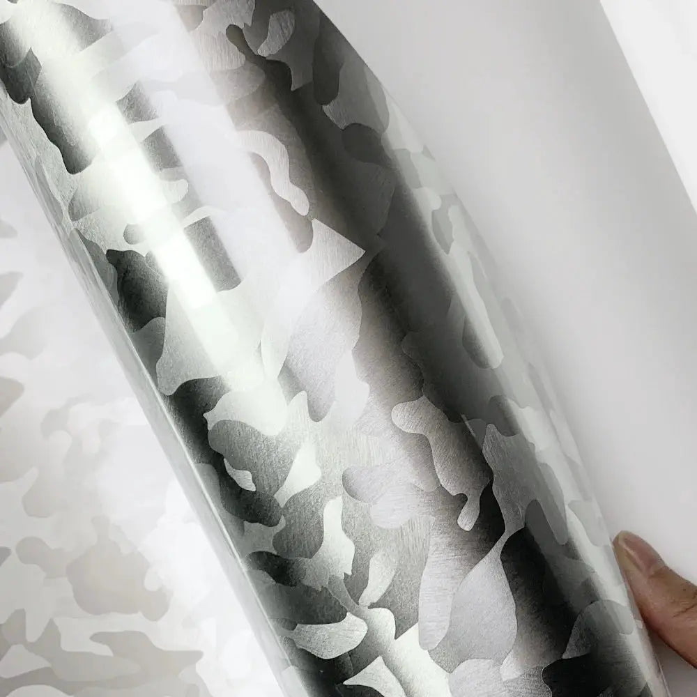 Carbon fiber vinyl wrap roll with glossy gray camouflage pattern for car exterior