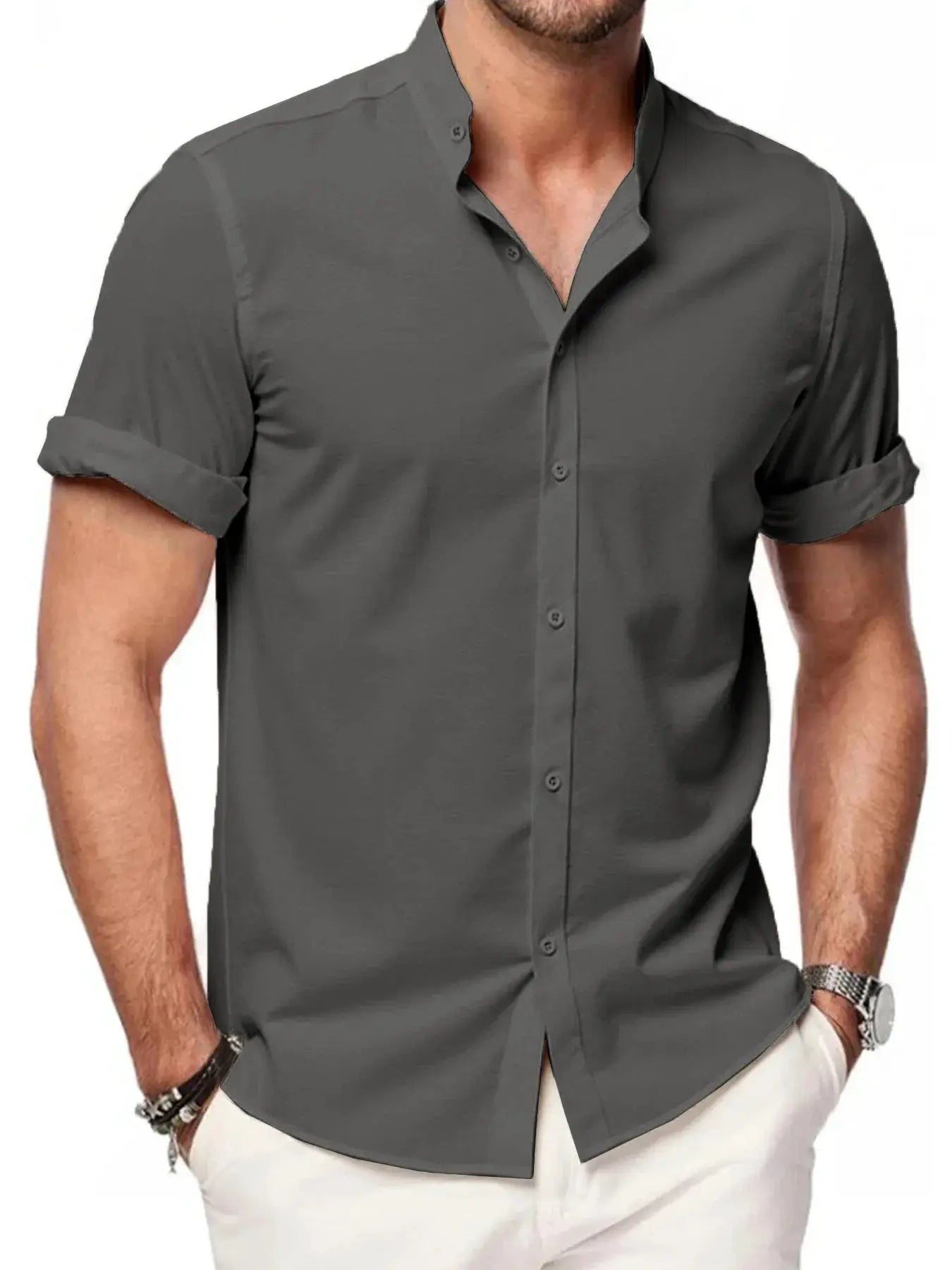Summer men's short-sleeve linen shirt, solid grey, stand-up collar, loose casual beachwear
