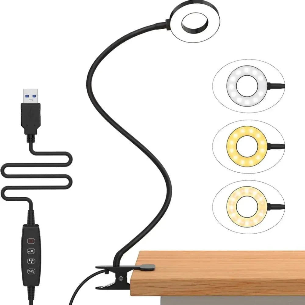 Simples Market LED Reading Light with Clamp, flexible gooseneck desk lamp with 3 color temps and 10 brightness levels.