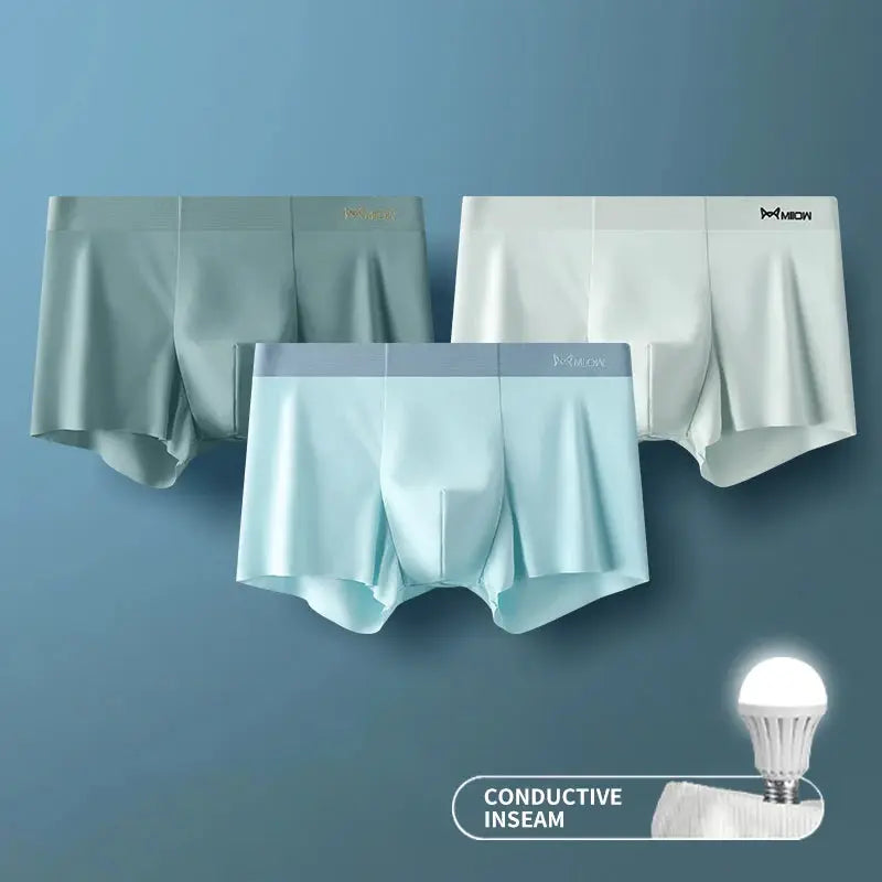 MIIOW 3Pcs ice silk antistatic men's boxer briefs set in teal, grey, and light blue with seamless hems