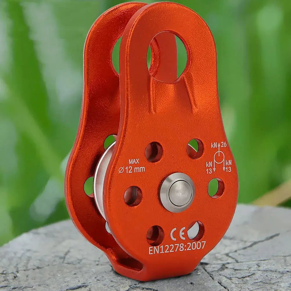 Heavy duty single swivel rope pulley block, orange aluminium alloy, 26 kN rating for 12 mm rope