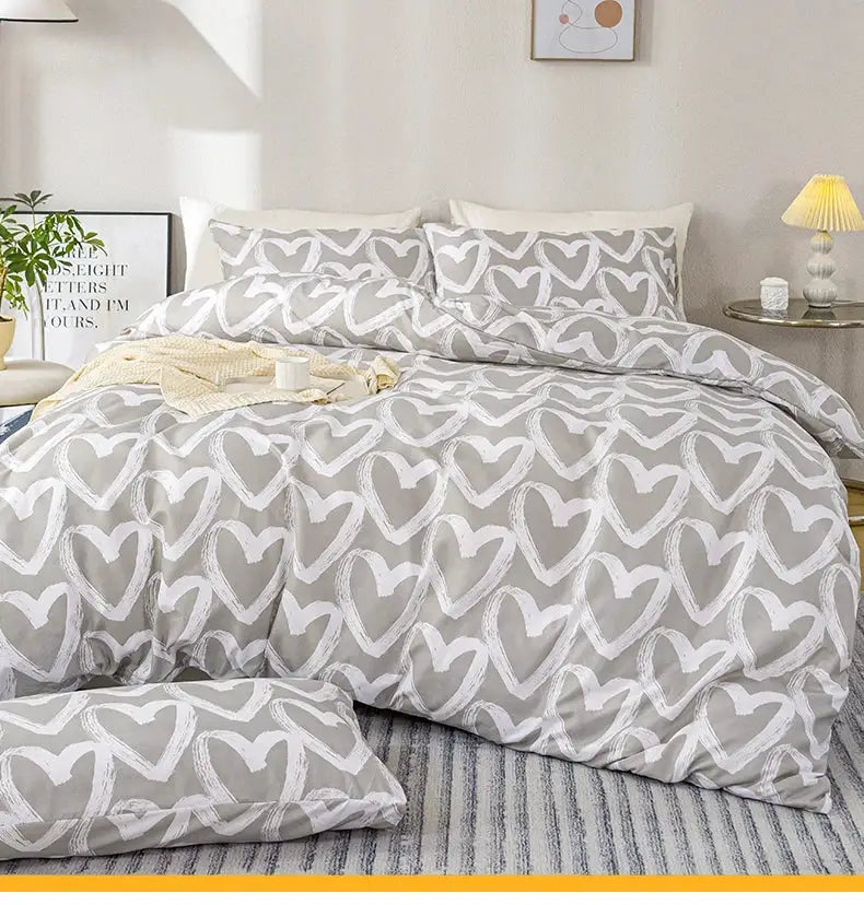 Heart Print Duvet Cover Set, 3-piece by Simples Market in blue and gray; includes 1 duvet cover and 2 pillowcases.
