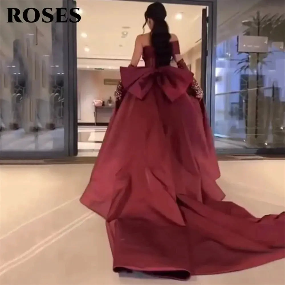 Roses Burgundy Mermaid Prom Dress One Shoulder Beading Bow Sleeve