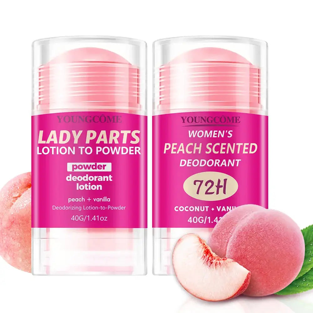 Two pink Youngcome peach-scented deodorant sticks with clear caps, 40g each