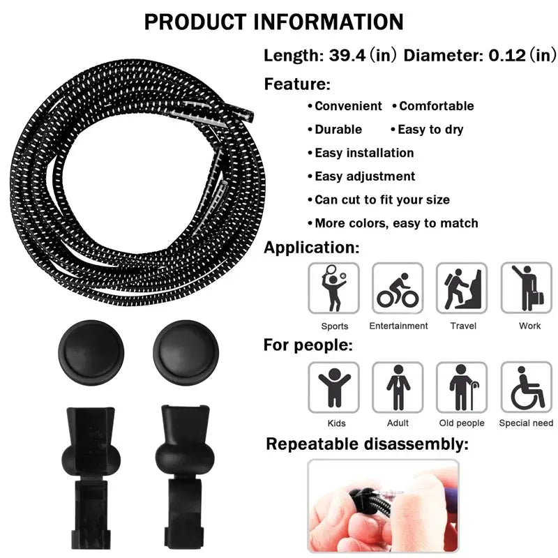 Elastic no-tie sneaker laces, black round rubber shoelaces with locking toggles (1 pair)