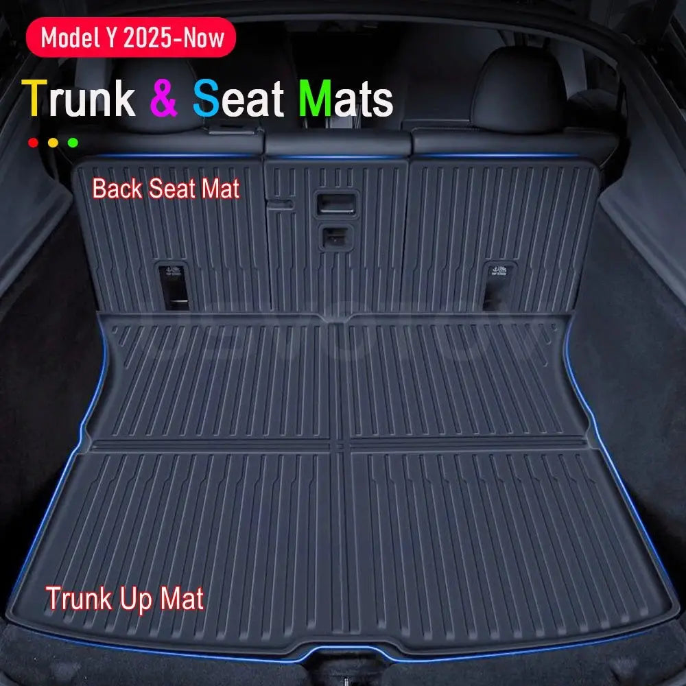 Trunk and rear seat mat set for Tesla Model Y 2025–2026; black rubber with blue edging
