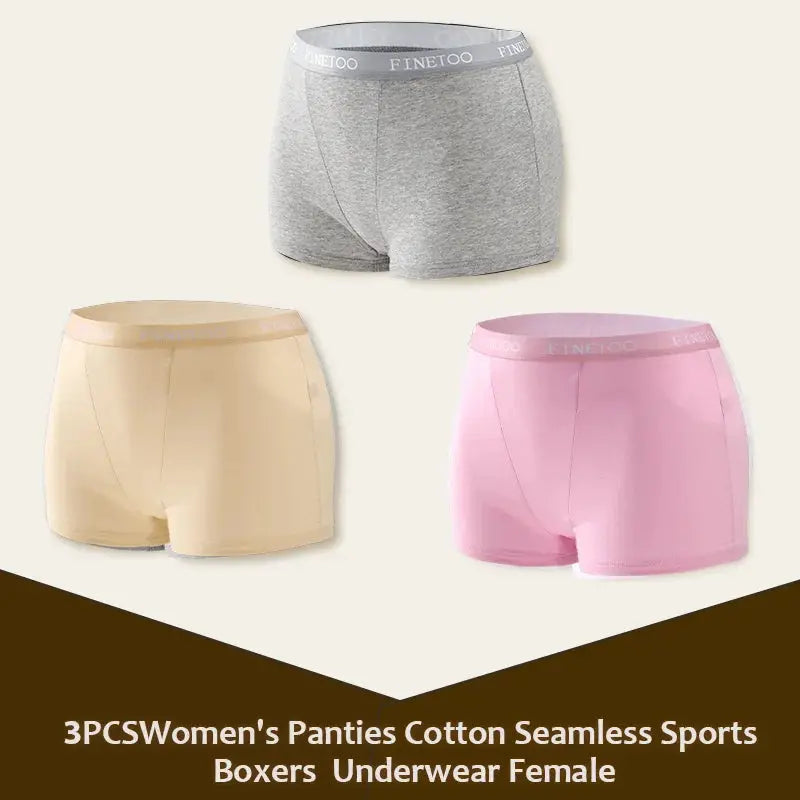 3-pack women's cotton seamless sport boxers underwear in gray, beige, and pink with Finetoo waistband