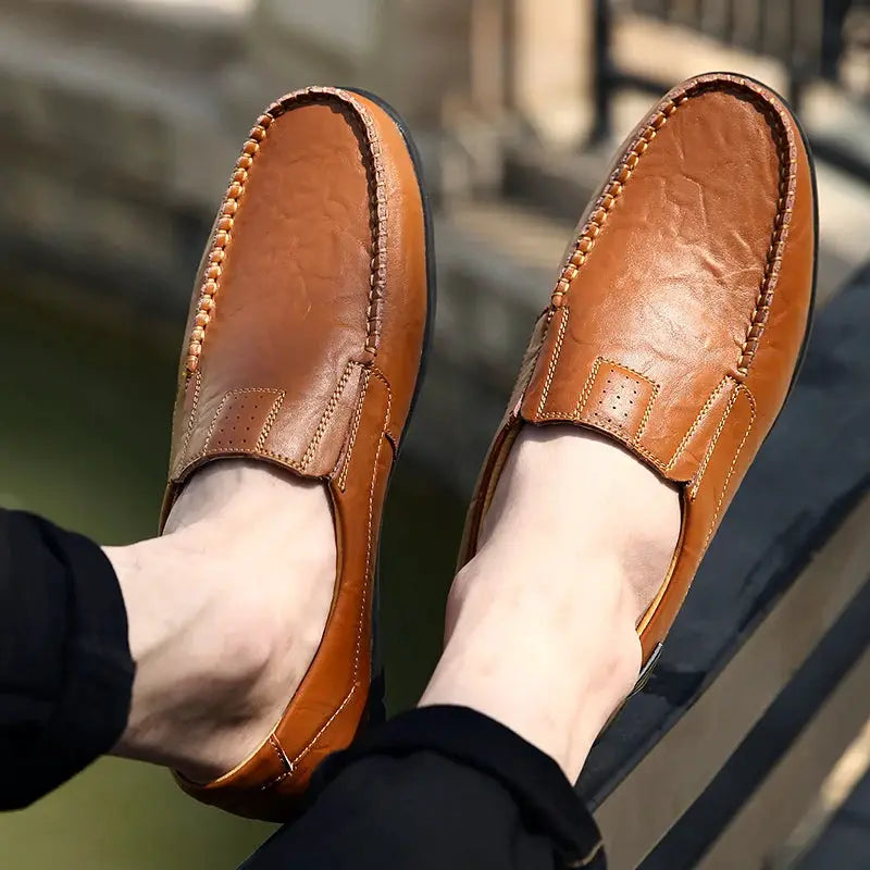 Men's brown genuine leather loafers with moccasin stitching, slip-on shoes (pair)