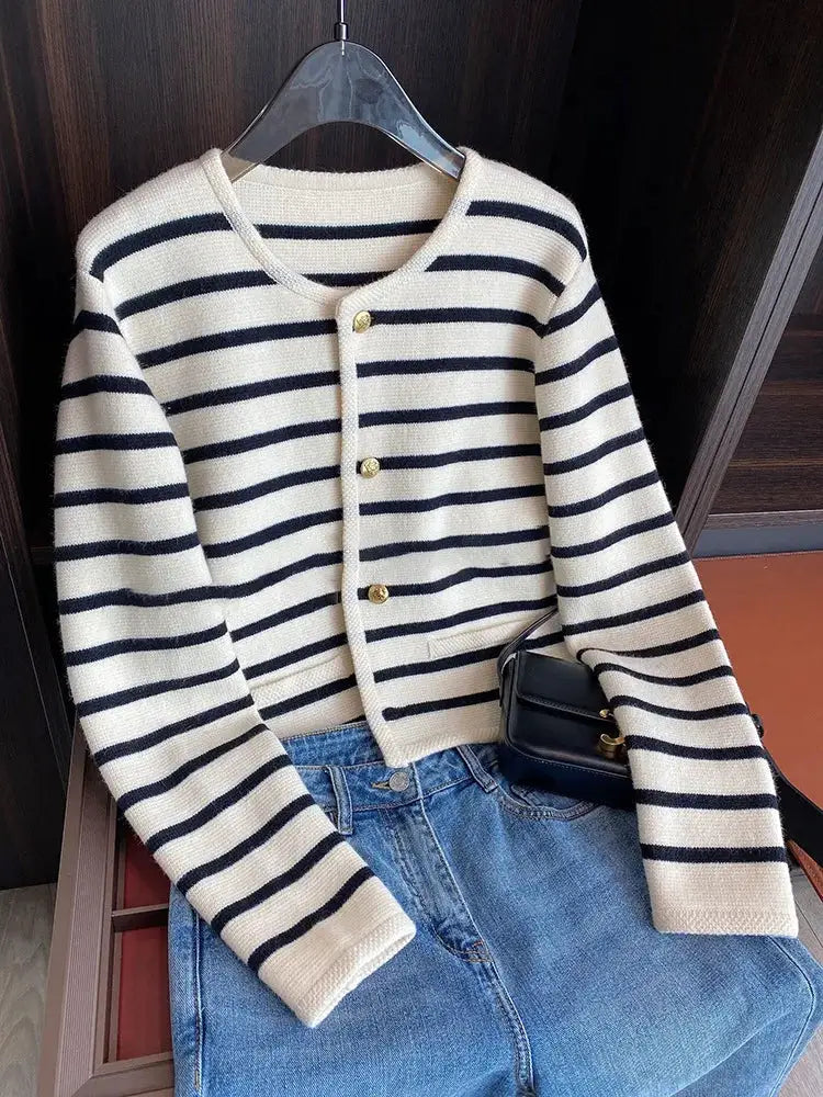 Brand Women Striped Knitted Cardigan O Neck Single Breasted Cropped Long Sleeve Chic Casual Sweater