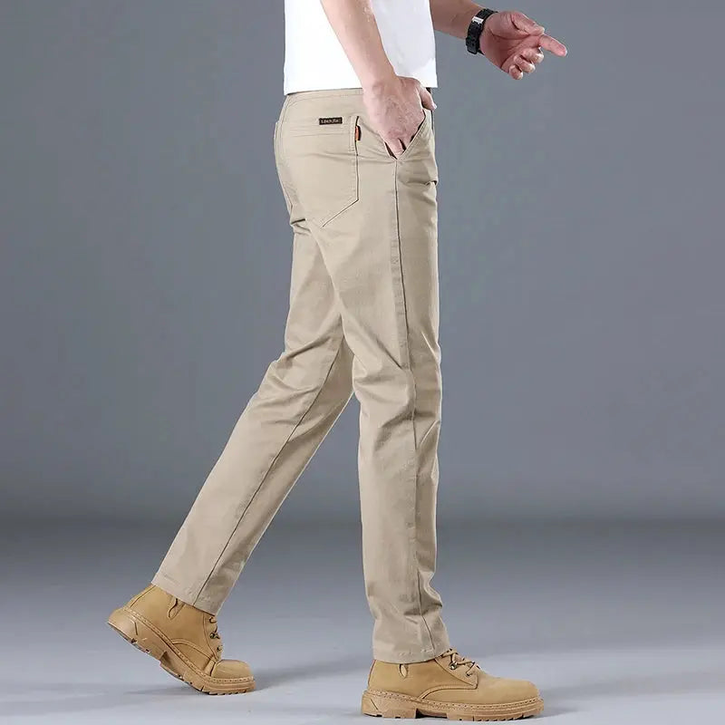 Men's beige cotton casual pants by Simples Market, slim straight, solid color.