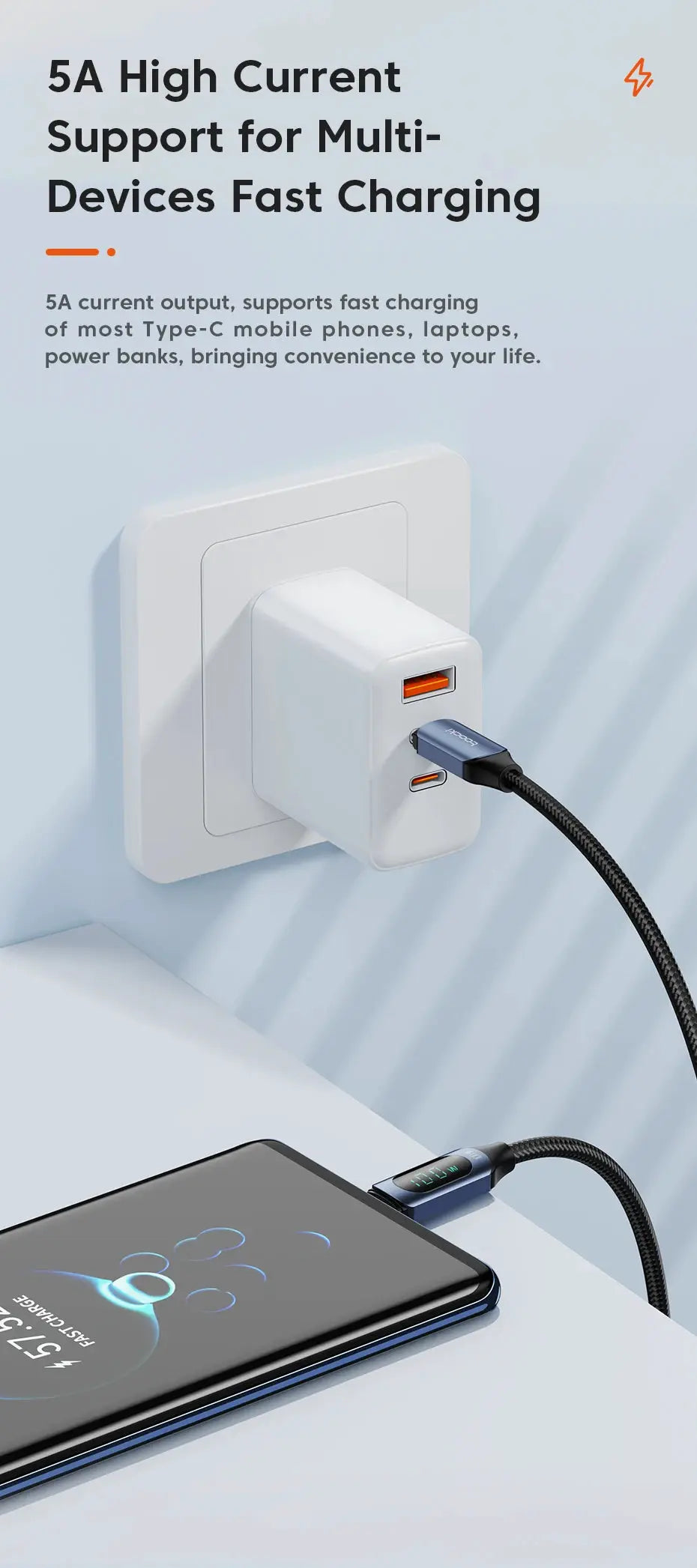 Toocki 100W USB-C to USB-C PD charger cable plugged into white wall outlet charging a smartphone