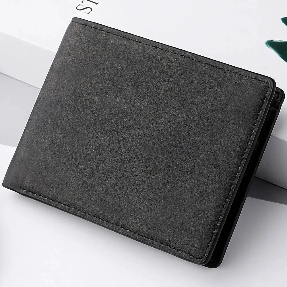 Men's black PU leather wallet with multiple card slots, folding design, compact short purse